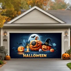 Halloween Outdoor Garage Door Cover Pumpkin Skeletons Banner Large Tapestry Backdrop Decoration for Holiday Outdoor Garage Door Home Wall Decorations