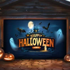 Halloween Outdoor Garage Door Cover Pumpkin Skeletons Banner Large Tapestry Backdrop Decoration for Holiday Outdoor Garage Door Home Wall Decorations