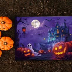 Halloween Pumpkin and Haunted Castle LED Canvas Wall Art - Battery Operated Lighted Wall Decor for 2025 Halloween home decoration light livingroom and bedroom