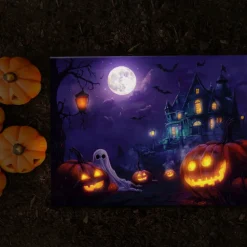 Halloween Pumpkin and Haunted Castle LED Canvas Wall Art - Battery Operated Lighted Wall Decor for 2025 Halloween home decoration light livingroom and bedroom
