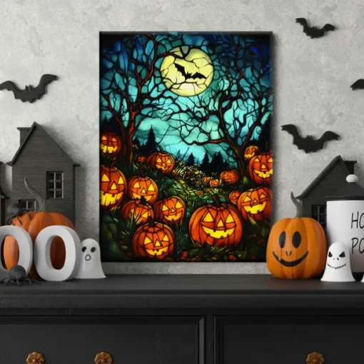 Halloween Pumpkin Clock Night Scene LED Canvas Wall Art - Battery Operated Lighted Wall Decor for 2025 Halloween home decoration light livingroom and bedroom