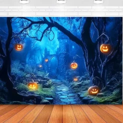 Halloween Pumpkin Tapestry – Spooky Jack-O'-Lantern Moonlight Forest Wall Art Backdrop, Large Hanging Mural Blanket Curtain for Home Bedroom Living Room Decoration