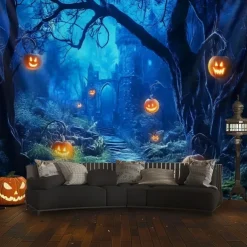 Halloween Pumpkin Tapestry – Spooky Jack-O'-Lantern Moonlight Forest Wall Art Backdrop, Large Hanging Mural Blanket Curtain for Home Bedroom Living Room Decoration