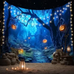 Halloween Pumpkin Tapestry – Spooky Jack-O'-Lantern Moonlight Forest Wall Art Backdrop, Large Hanging Mural Blanket Curtain for Home Bedroom Living Room Decoration