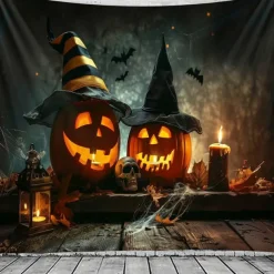 Halloween Pumpkin Wall Tapestry – Spooky Jack-O'-Lantern in Dark Forest, Blue Moon Night Wall Hanging for Party, Bedroom, Living Room, 2025 Halloween Home Decoration