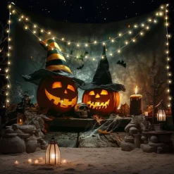 Halloween Pumpkin Wall Tapestry – Spooky Jack-O'-Lantern in Dark Forest, Blue Moon Night Wall Hanging for Party, Bedroom, Living Room, 2025 Halloween Home Decoration