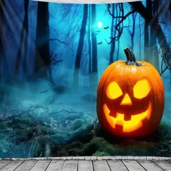 Halloween Pumpkin Wall Tapestry – Spooky Jack-O'-Lantern in Dark Forest, Blue Moon Night Wall Hanging for Party, Bedroom, Living Room, 2025 Halloween Home Decoration