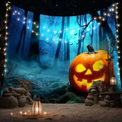 Halloween Pumpkin Wall Tapestry – Spooky Jack-O'-Lantern in Dark Forest, Blue Moon Night Wall Hanging for Party, Bedroom, Living Room, 2025 Halloween Home Decoration