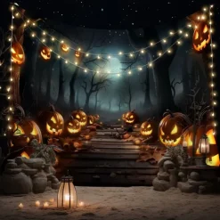 Halloween Pumpkin Wall Tapestry – Spooky Jack-O'-Lantern in Dark Forest, Blue Moon Night Wall Hanging for Party, Bedroom, Living Room, 2025 Halloween Home Decoration