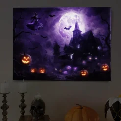 Halloween Purple Sky Haunted Scene LED Canvas Wall Art - Battery Operated Lighted Wall Decor for 2025 Halloween home decoration light livingroom and bedroom