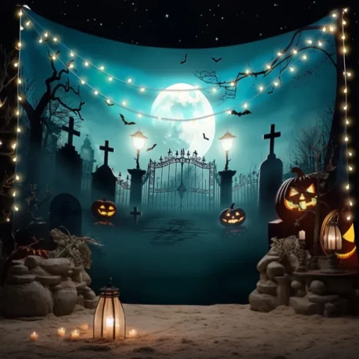 Halloween Scarecrow Wall Tapestry Backdrop – Pumpkin Head Witch with Lantern, Haunted Castle, Full Moon and Bats, Spooky Wall Hanging for 2025 Halloween Home decoration, Party, Photography
