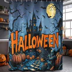 Halloween Shower Curtain with Hooks Polyester Washable Waterproof Pattern Bathroom Bathtub Decor
