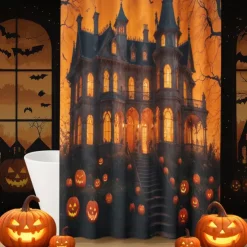 Halloween Shower Curtain with Hooks Polyester Washable Waterproof Pattern Bathroom Bathtub Decor