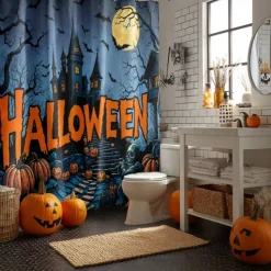 Halloween Shower Curtain with Hooks Polyester Washable Waterproof Pattern Bathroom Bathtub Decor
