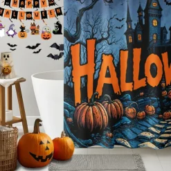 Halloween Shower Curtain with Hooks Polyester Washable Waterproof Pattern Bathroom Bathtub Decor