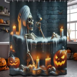 Halloween Shower Curtain with Hooks Polyester Washable Waterproof Pattern Bathroom Bathtub Decor