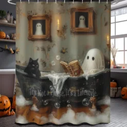 Halloween Shower Curtain with Hooks Polyester Washable Waterproof Pattern Bathroom Bathtub Decor