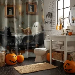 Halloween Shower Curtain with Hooks Polyester Washable Waterproof Pattern Bathroom Bathtub Decor