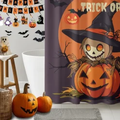 Halloween Shower Curtain with Hooks Polyester Washable Waterproof Pattern Bathroom Bathtub Decor