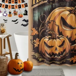Halloween Shower Curtain with Hooks Polyester Washable Waterproof Pattern Bathroom Bathtub Decor