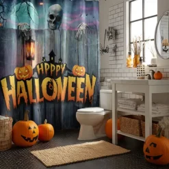 Halloween Shower Curtain with Hooks Polyester Washable Waterproof Pattern Bathroom Bathtub Decor