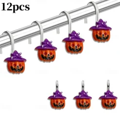 Halloween Shower Curtain Hooks for Halloween Bathroom Decor Rustproof Stainless Steel Shower Curtain Rings Hangers Set of 12, Witch Hat Pumpkin Bathroom Accessories Set