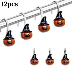 Halloween Shower Curtain Hooks for Halloween Bathroom Decor Rustproof Stainless Steel Shower Curtain Rings Hangers Set of 12, Witch Hat Pumpkin Bathroom Accessories Set
