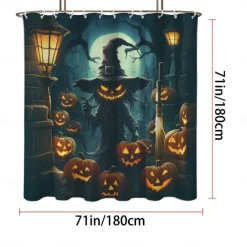 Halloween Shower Curtain Jack-O'-Lantern and Witch Design - Scarecrow Pumpkin Party Decor, Waterproof Polyester Fabric, Machine Washable, 12 Hooks Included for Bathtub or Bathroom Decoration