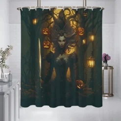Halloween Shower Curtain Jack-O'-Lantern and Witch Design - Scarecrow Pumpkin Party Decor, Waterproof Polyester Fabric, Machine Washable, 12 Hooks Included for Bathtub or Bathroom Decoration