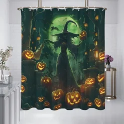 Halloween Shower Curtain Jack-O'-Lantern and Witch Design - Scarecrow Pumpkin Party Decor, Waterproof Polyester Fabric, Machine Washable, 12 Hooks Included for Bathtub or Bathroom Decoration