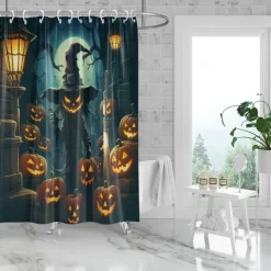 Halloween Shower Curtain Jack-O'-Lantern and Witch Design - Scarecrow Pumpkin Party Decor, Waterproof Polyester Fabric, Machine Washable, 12 Hooks Included for Bathtub or Bathroom Decoration