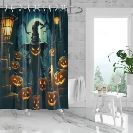 Halloween Shower Curtain Jack-O'-Lantern and Witch Design - Scarecrow Pumpkin Party Decor, Waterproof Polyester Fabric, Machine Washable, 12 Hooks Included for Bathtub or Bathroom Decoration