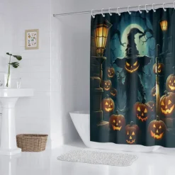Halloween Shower Curtain Jack-O'-Lantern and Witch Design - Scarecrow Pumpkin Party Decor, Waterproof Polyester Fabric, Machine Washable, 12 Hooks Included for Bathtub or Bathroom Decoration