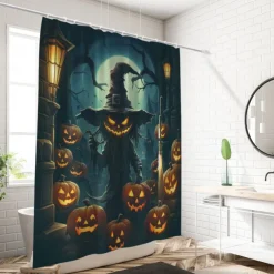 Halloween Shower Curtain Jack-O'-Lantern and Witch Design - Scarecrow Pumpkin Party Decor, Waterproof Polyester Fabric, Machine Washable, 12 Hooks Included for Bathtub or Bathroom Decoration