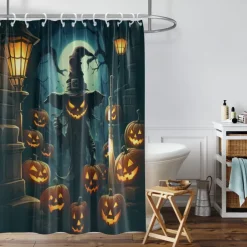 Halloween Shower Curtain Jack-O'-Lantern and Witch Design - Scarecrow Pumpkin Party Decor, Waterproof Polyester Fabric, Machine Washable, 12 Hooks Included for Bathtub or Bathroom Decoration