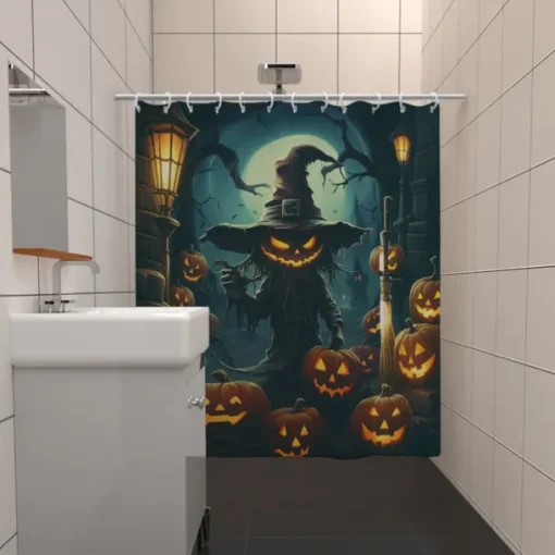 Halloween Shower Curtain Jack-O'-Lantern and Witch Design - Scarecrow Pumpkin Party Decor, Waterproof Polyester Fabric, Machine Washable, 12 Hooks Included for Bathtub or Bathroom Decoration