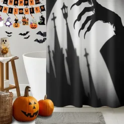 Halloween Shower Curtain with Hooks Polyester Washable Waterproof Pattern Bathroom Bathtub Decor