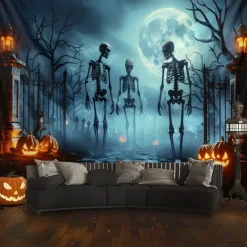 Halloween Skeleton Tapestry – Spooky Graveyard Moonlight Wall Art Backdrop with Jack-O'-Lanterns, Large Hanging Mural Blanket Curtain for Home Bedroom Living Room Decoration