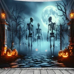 Halloween Skeleton Tapestry – Spooky Graveyard Moonlight Wall Art Backdrop with Jack-O'-Lanterns, Large Hanging Mural Blanket Curtain for Home Bedroom Living Room Decoration