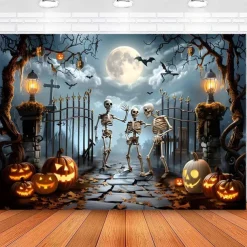 Halloween Skeleton Tapestry – Spooky Graveyard Moonlight Wall Art Backdrop with Jack-O'-Lanterns, Large Hanging Mural Blanket Curtain for Home Bedroom Living Room Decoration