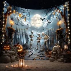Halloween Skeleton Tapestry – Spooky Graveyard Moonlight Wall Art Backdrop with Jack-O'-Lanterns, Large Hanging Mural Blanket Curtain for Home Bedroom Living Room Decoration