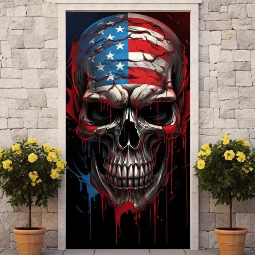 Halloween Skull Door Decorations Door Covers 4th of July Patriotic Independence Day Backdrop Indoor/Outdoor Door Banner for Front Door Farmhouse