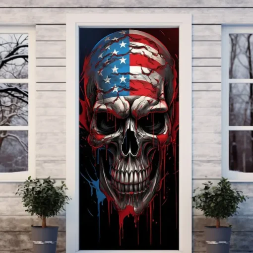 Halloween Skull Door Decorations Door Covers 4th of July Patriotic Independence Day Backdrop Indoor/Outdoor Door Banner for Front Door Farmhouse