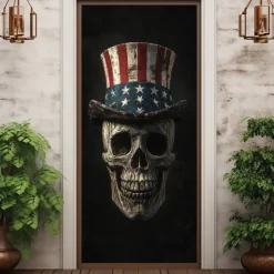 Halloween Skull Door Decorations Door Covers 4th of July Patriotic Independence Day Backdrop Indoor/Outdoor Door Banner for Front Door Farmhouse