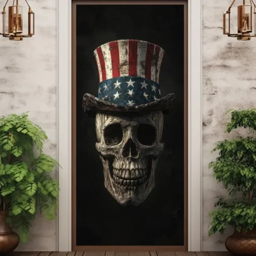 Halloween Skull Door Decorations Door Covers 4th of July Patriotic Independence Day Backdrop Indoor/Outdoor Door Banner for Front Door Farmhouse