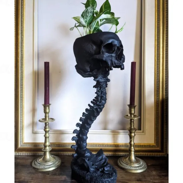 Halloween Skull Planter & Spine Stand, Resin Skull Head Flower Succulent Cactus Planter Pots,or Home Office Desk Decorations Halloween Scene Statue Sculpture Decorations