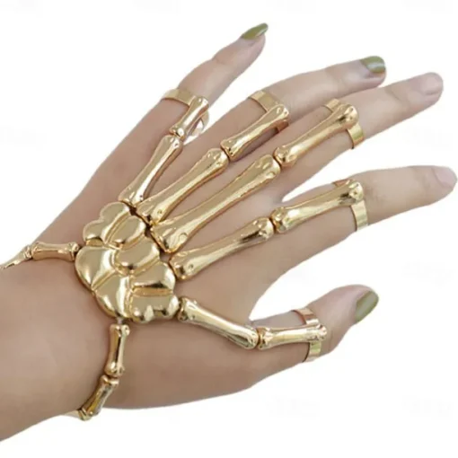 Halloween Skull Skeleton Hand Bracelet with Finger Ring Chain Gothic Bone Joint Jewelry Accessory Gift