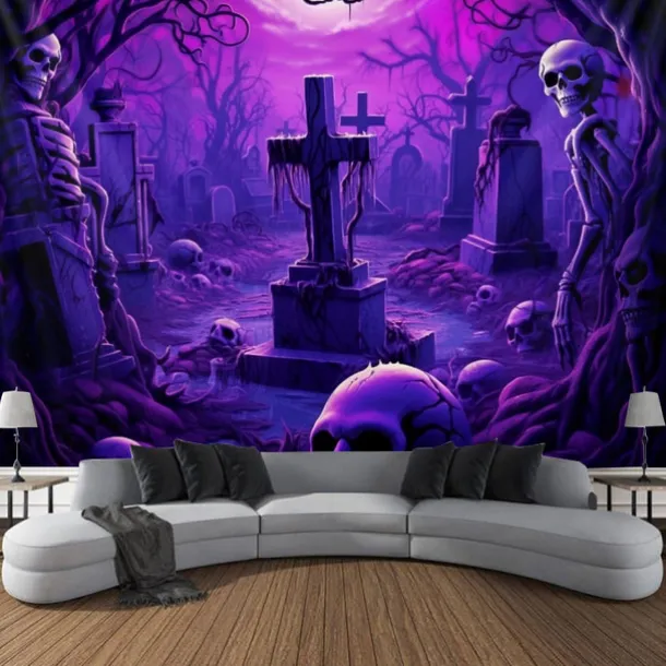 Halloween Skulls Blacklight Tapestry UV Reactive Glow in the Dark Misty Graveyard Hanging Tapestry Wall Art Mural for Living Room Bedroom