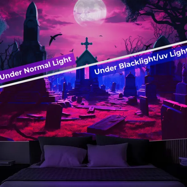 Halloween Skulls Blacklight Tapestry UV Reactive Glow in the Dark Misty Graveyard Hanging Tapestry Wall Art Mural for Living Room Bedroom