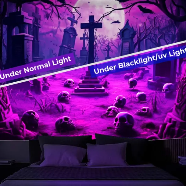 Halloween Skulls Blacklight Tapestry UV Reactive Glow in the Dark Misty Graveyard Hanging Tapestry Wall Art Mural for Living Room Bedroom